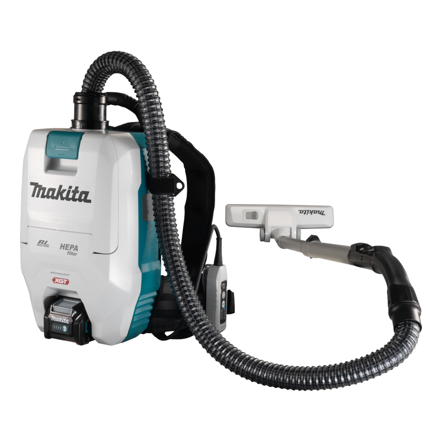 Makita VC008GZ09 cordless backpack vacuum cleaner with HEPA filter, LED work light and ergonomic harness system.