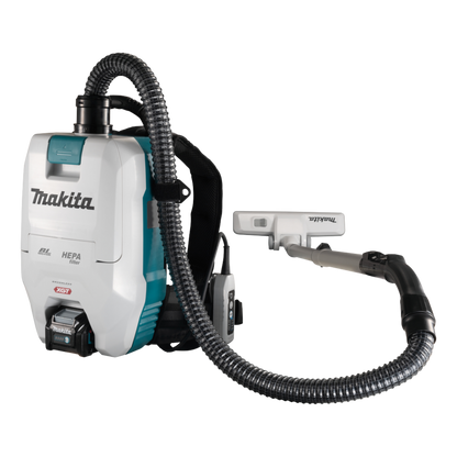 Makita VC008GZ09 cordless backpack vacuum cleaner with HEPA filter, LED work light and ergonomic harness system.