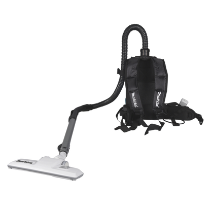Makita VC008GZ09 cordless backpack vacuum cleaner with HEPA filter, LED work light and ergonomic harness system.