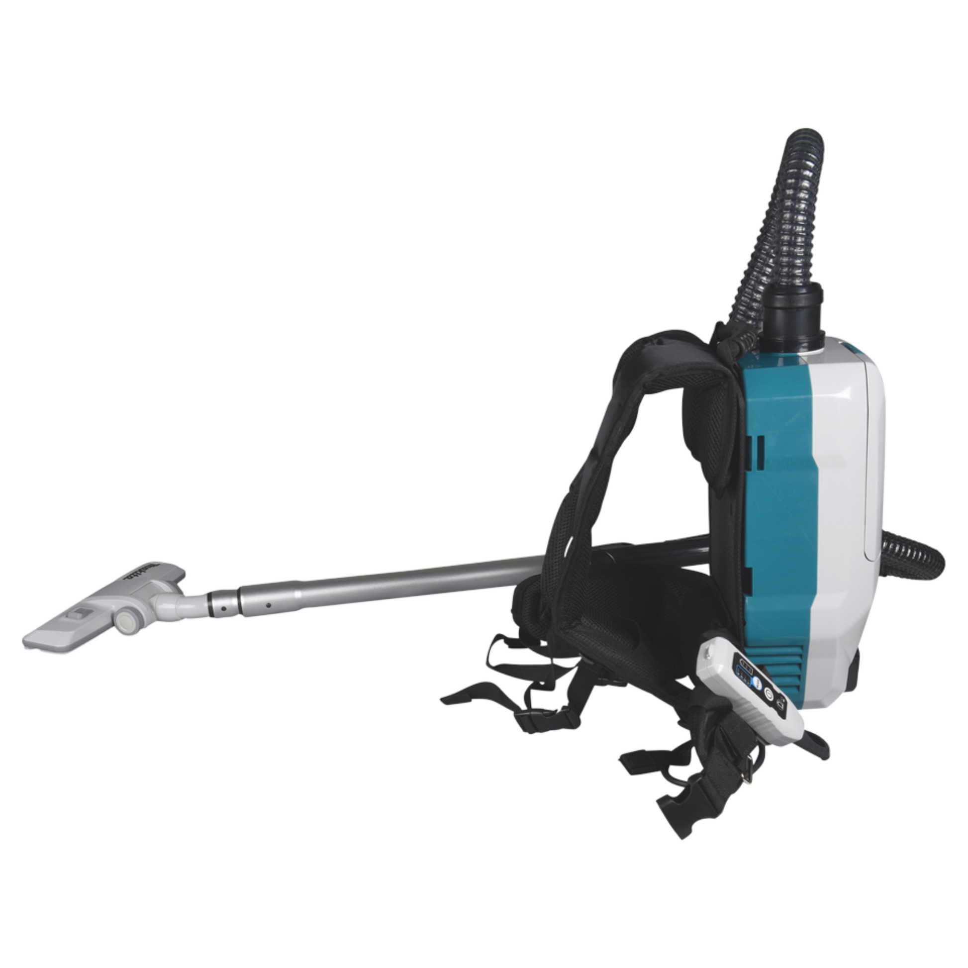 Makita VC008GZ09 cordless backpack vacuum cleaner with HEPA filter, LED work light and ergonomic harness system.