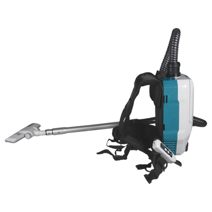 Makita VC008GZ09 cordless backpack vacuum cleaner with HEPA filter, LED work light and ergonomic harness system.