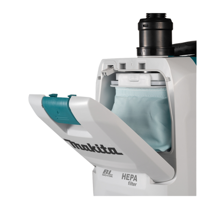 Makita VC008GZ09 cordless backpack vacuum cleaner with HEPA filter, LED work light and ergonomic harness system.