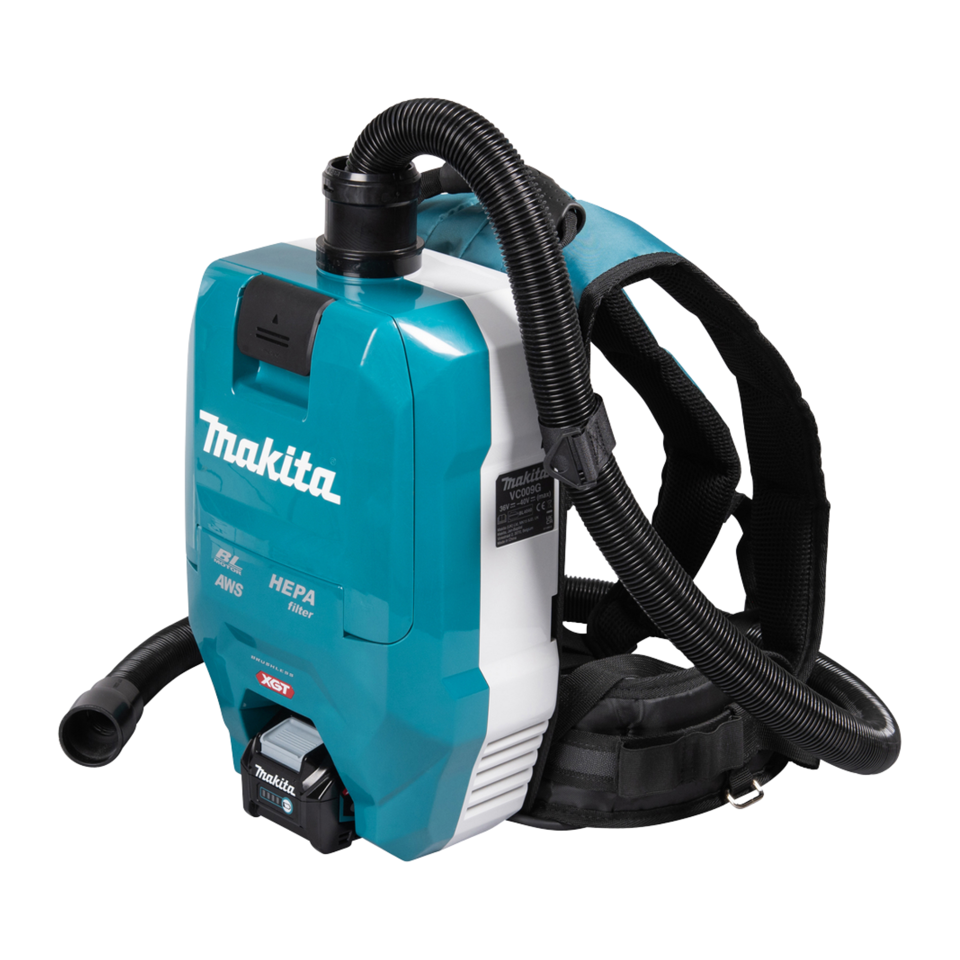 Makita VC009GZ01 cordless backpack vacuum cleaner with HEPA filtration and AWS Bluetooth connectivity for professional cleaning.