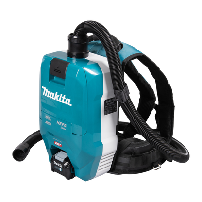 Makita VC009GZ01 cordless backpack vacuum cleaner with HEPA filtration and AWS Bluetooth connectivity for professional cleaning.