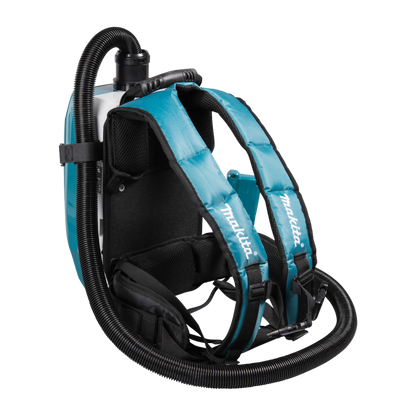 Makita VC009GZ01 cordless backpack vacuum cleaner with HEPA filtration and AWS Bluetooth connectivity for professional cleaning.