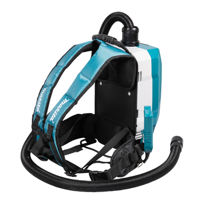 Makita VC009GZ01 cordless backpack vacuum cleaner with HEPA filtration and AWS Bluetooth connectivity for professional cleaning.