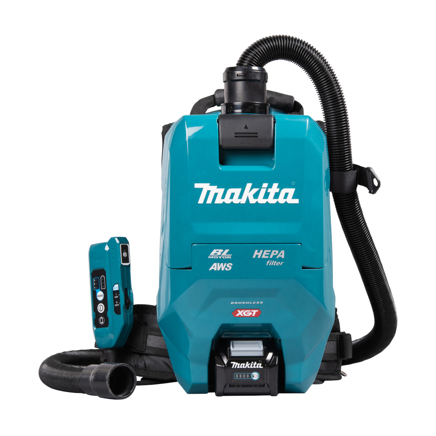 Makita VC009GZ01 cordless backpack vacuum cleaner with HEPA filtration and AWS Bluetooth connectivity for professional cleaning.