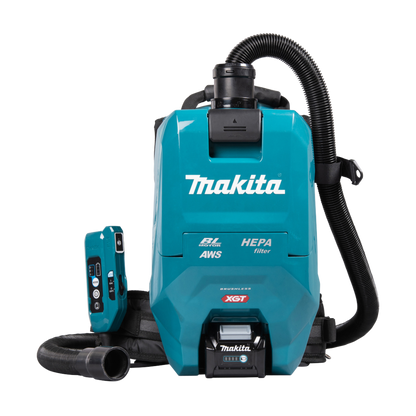 Makita VC009GZ01 cordless backpack vacuum cleaner with HEPA filtration and AWS Bluetooth connectivity for professional cleaning.