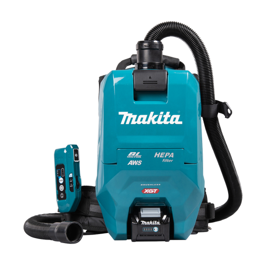 Makita VC009GZ01 cordless backpack vacuum cleaner with HEPA filtration and AWS Bluetooth connectivity for professional cleaning.