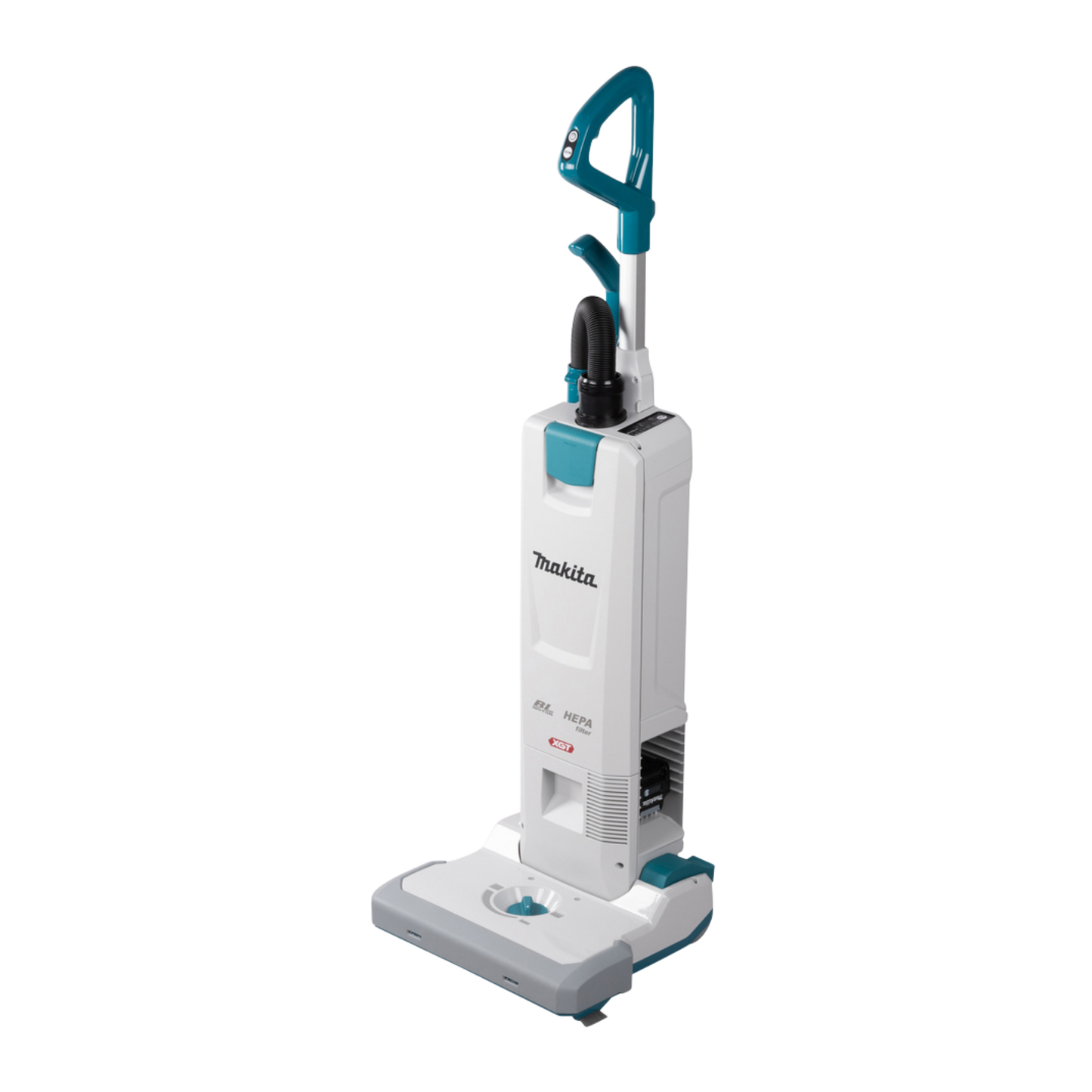 Makita VC010GZ cordless upright vacuum cleaner with rotating brush and HEPA filtration for carpet and floor cleaning.