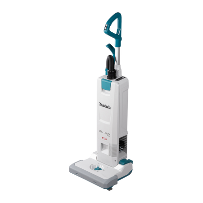 Makita VC010GZ cordless upright vacuum cleaner with rotating brush and HEPA filtration for carpet and floor cleaning.