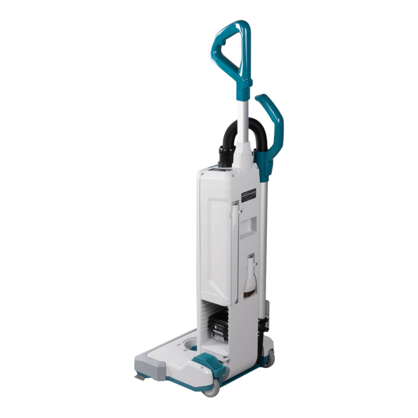 Makita VC010GZ cordless upright vacuum cleaner with rotating brush and HEPA filtration for carpet and floor cleaning.