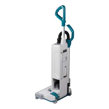 Makita VC010GZ cordless upright vacuum cleaner with rotating brush and HEPA filtration for carpet and floor cleaning.