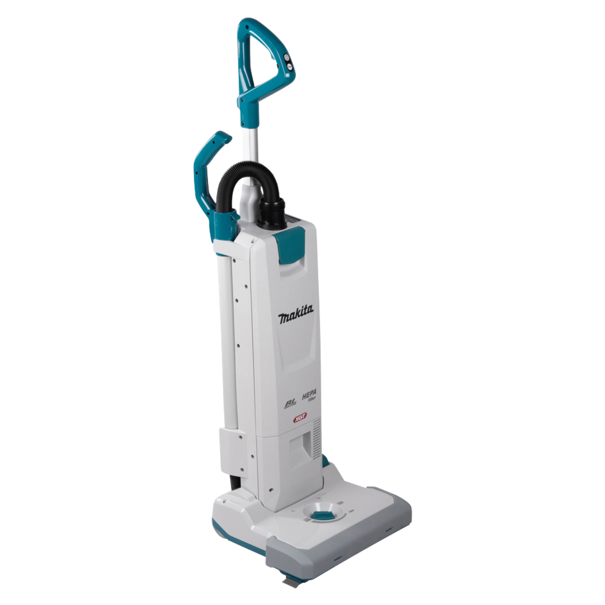 White and blue vacuum cleaner with Makita branding on a white background