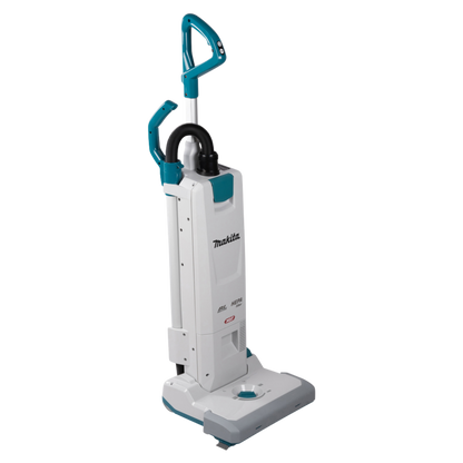 White and blue vacuum cleaner with Makita branding on a white background