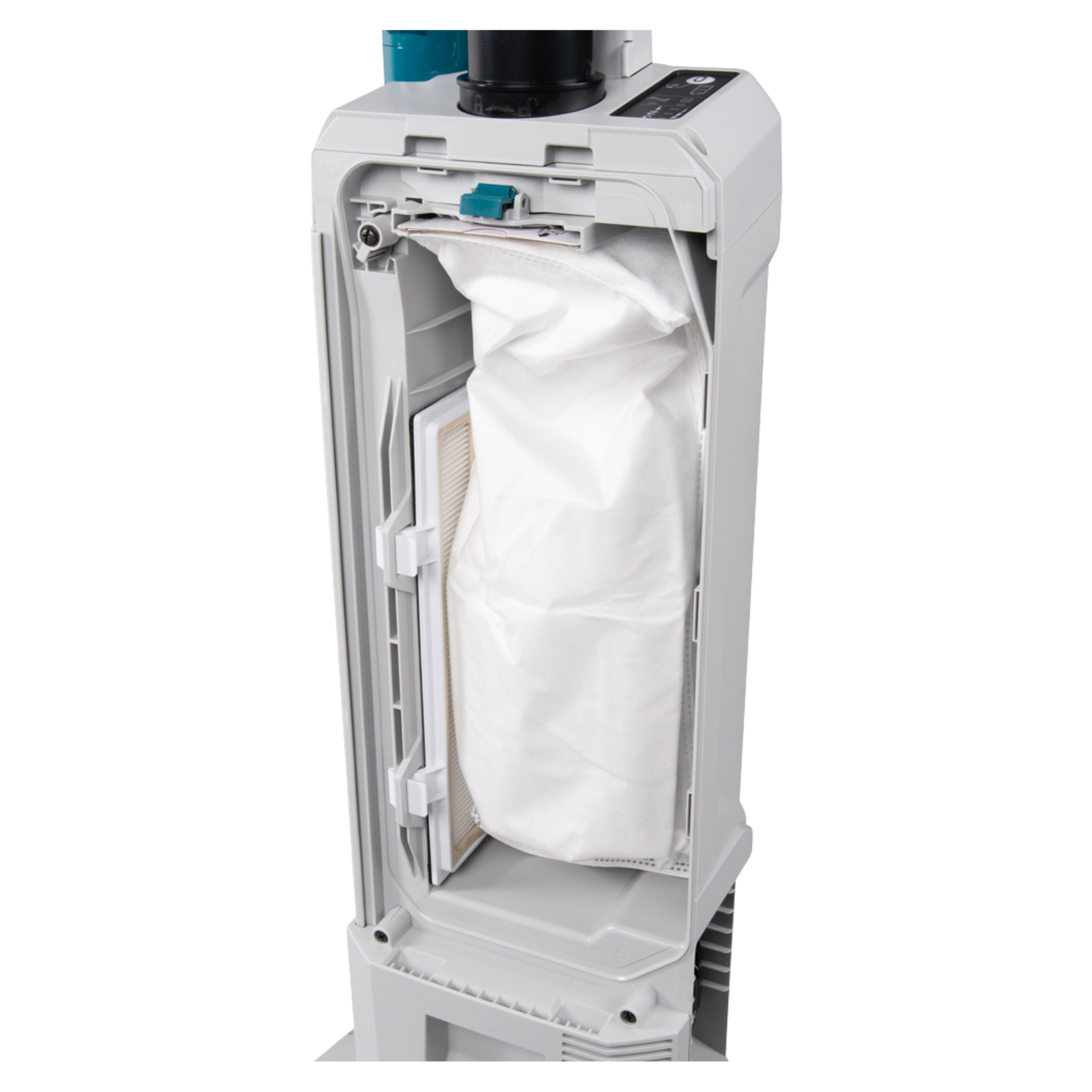 Filter cartridge with white pleated filter element inside a gray housing on a white background