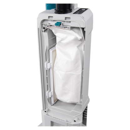 Filter cartridge with white pleated filter element inside a gray housing on a white background