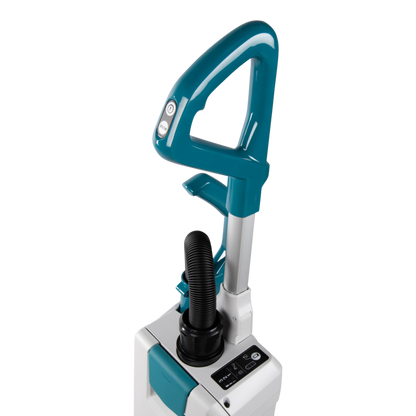 Makita VC010GZ cordless upright vacuum cleaner with rotating brush and HEPA filtration for carpet and floor cleaning.