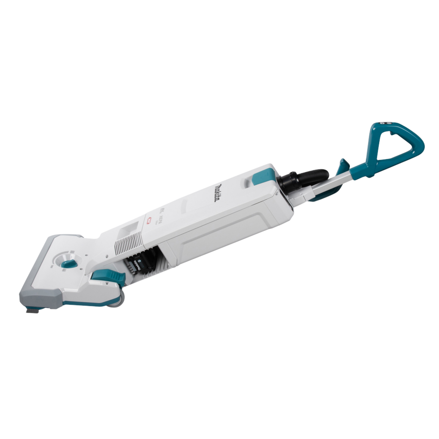 White and blue vacuum cleaner on a white background