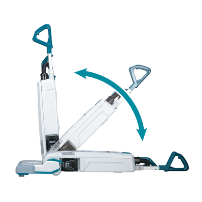 Makita VC010GZ cordless upright vacuum cleaner with rotating brush and HEPA filtration for carpet and floor cleaning.