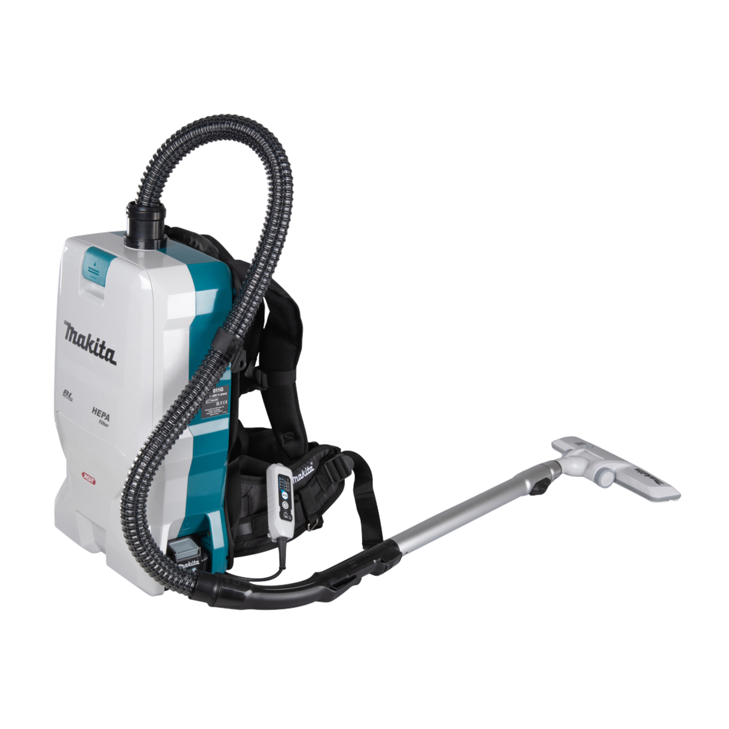 Backpack vacuum with Makita branding on a white background