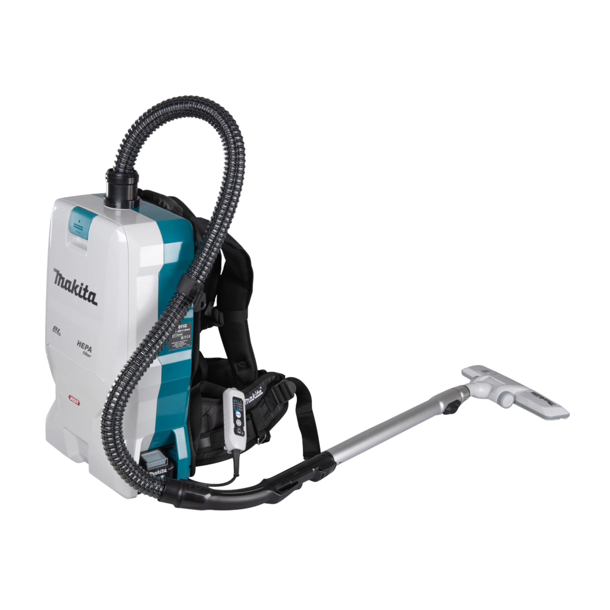 Backpack vacuum with Makita branding on a white background