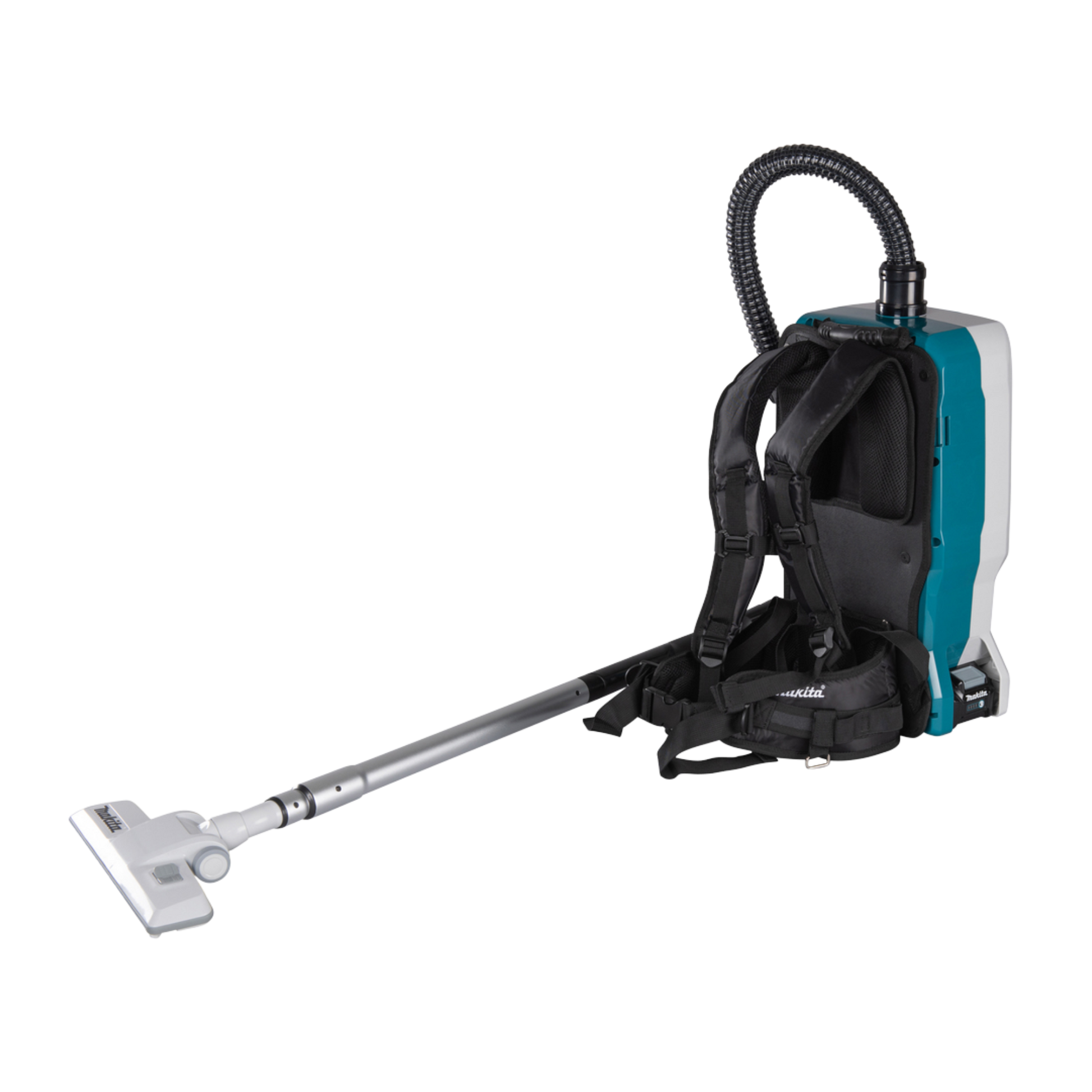 Makita VC011GZ cordless backpack vacuum cleaner with HEPA filtration and ergonomic harness system, supplied without battery and charger.