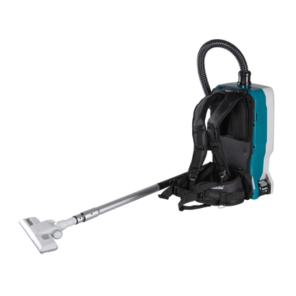 Makita VC011GZ cordless backpack vacuum cleaner with HEPA filtration and ergonomic harness system, supplied without battery and charger.