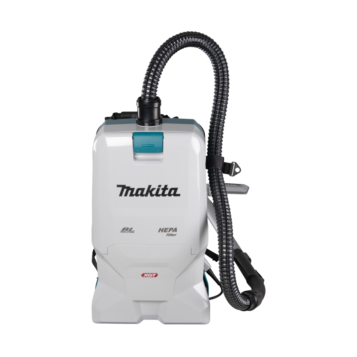 Makita VC011GZ cordless backpack vacuum cleaner with HEPA filtration and ergonomic harness system, supplied without battery and charger.