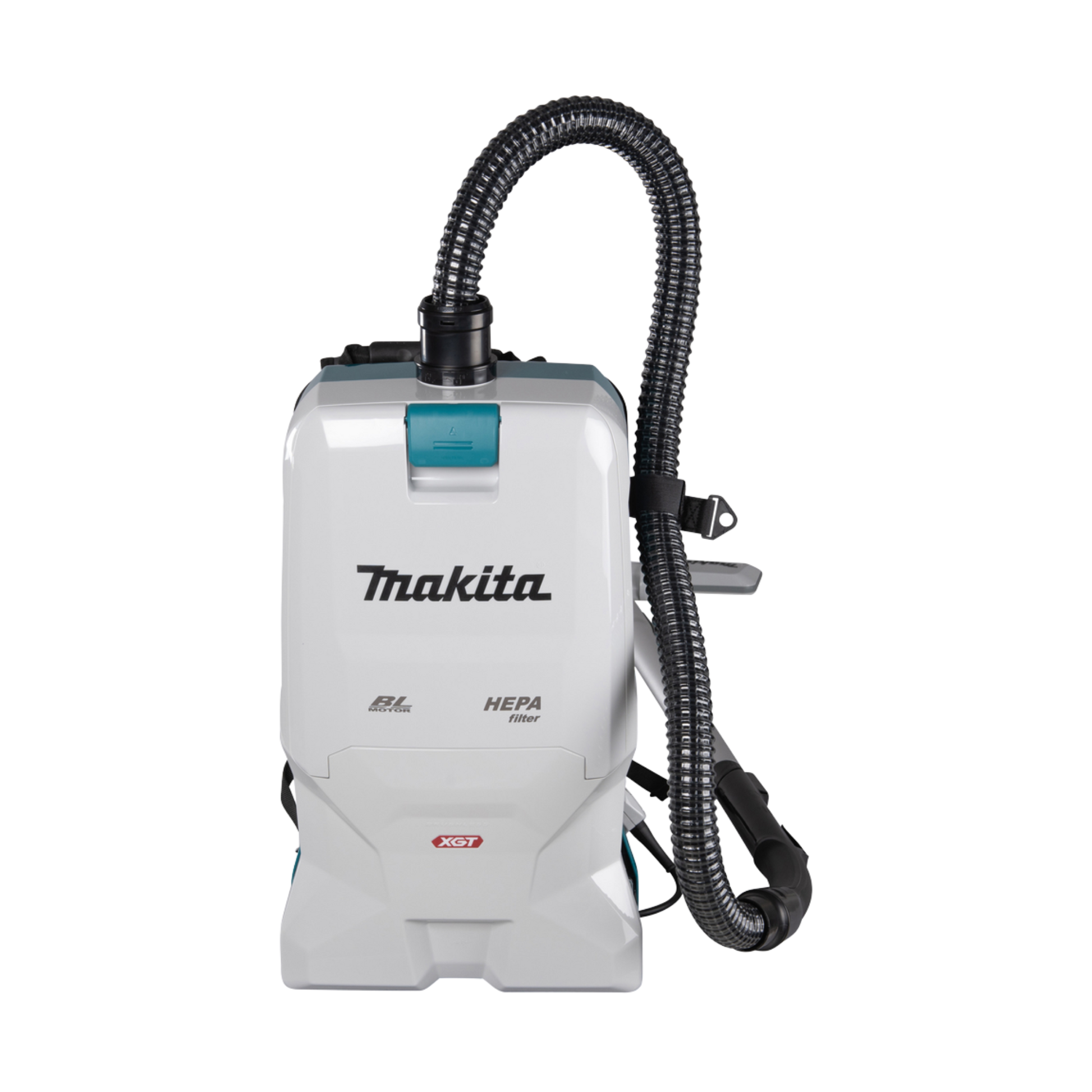 Makita VC011GZ cordless backpack vacuum cleaner with HEPA filtration and ergonomic harness system, supplied without battery and charger.