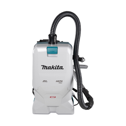Makita VC011GZ cordless backpack vacuum cleaner with HEPA filtration and ergonomic harness system, supplied without battery and charger.