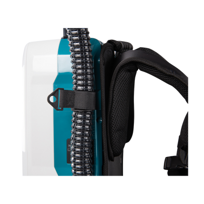 Close-up of a backpack vacuum with a blue compartment and black straps on a white background