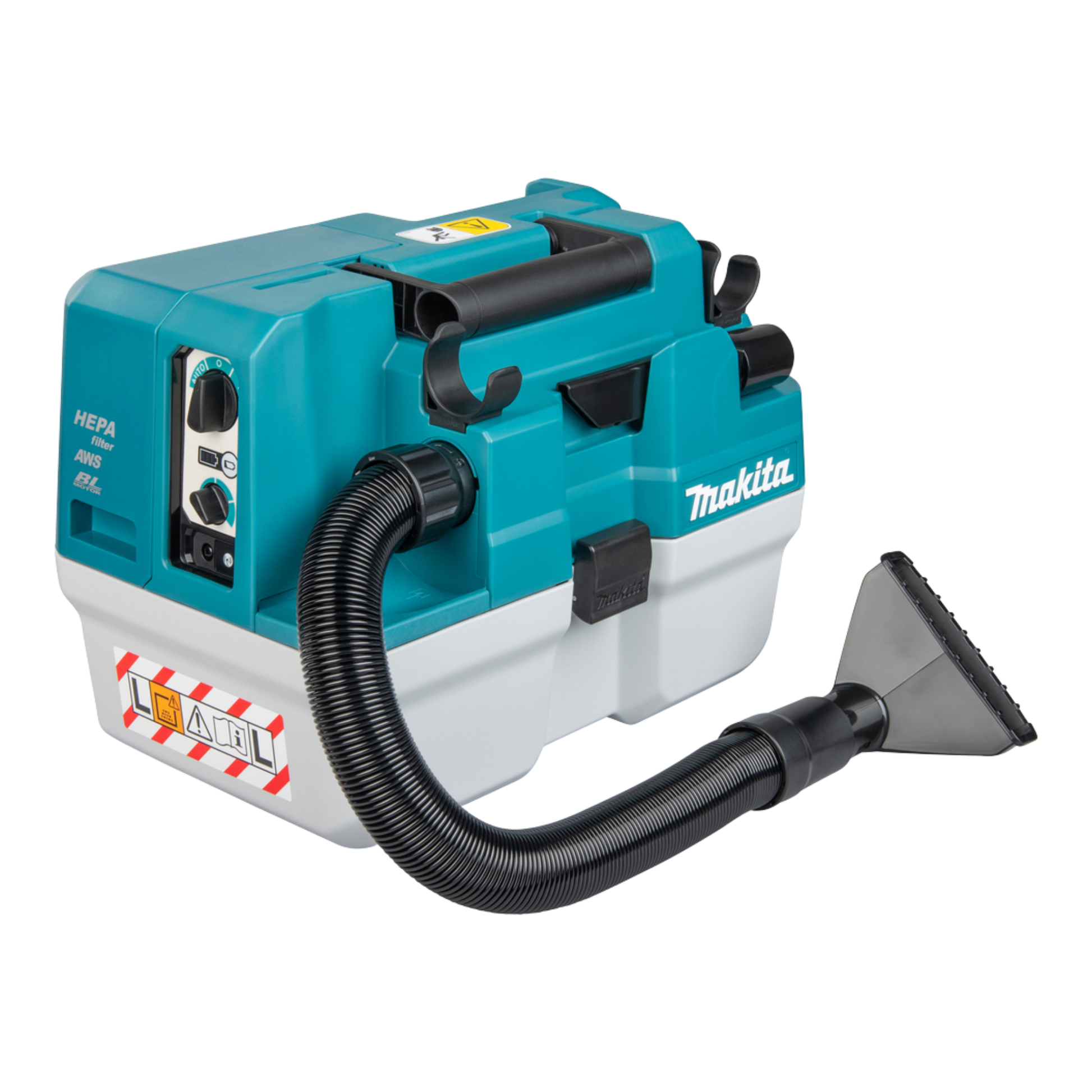 Makita VC013GLZ03 AWS cordless wet and dry vacuum cleaner with HEPA filter and Bluetooth auto-start function.