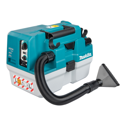 Makita VC013GLZ03 AWS cordless wet and dry vacuum cleaner with HEPA filter and Bluetooth auto-start function.