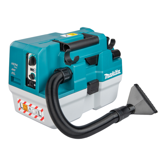 Makita VC013GLZ03 AWS cordless wet and dry vacuum cleaner with HEPA filter and Bluetooth auto-start function.