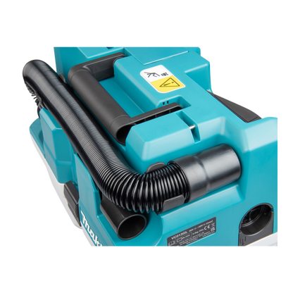 Blue vacuum cleaner with black hoses on a white background
