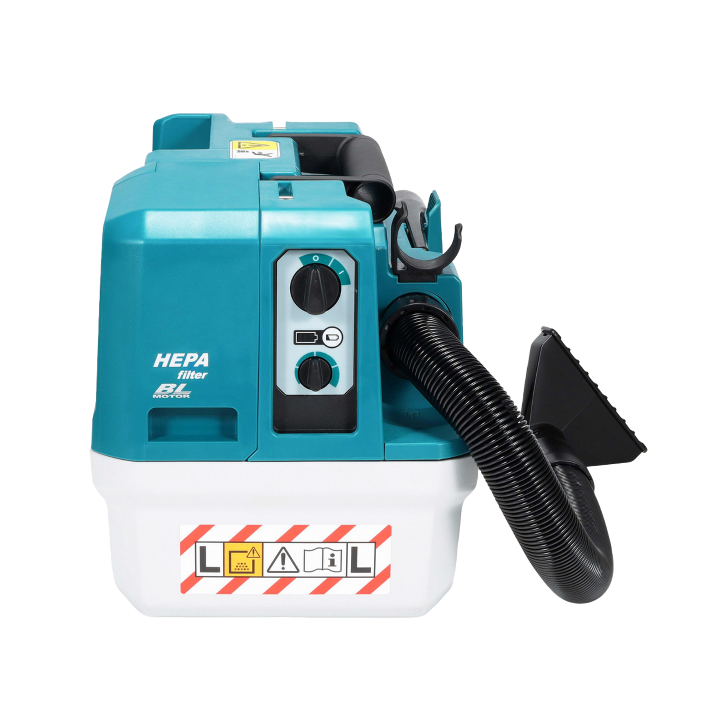 Blue and white industrial vacuum cleaner with HEPA filter on a white background